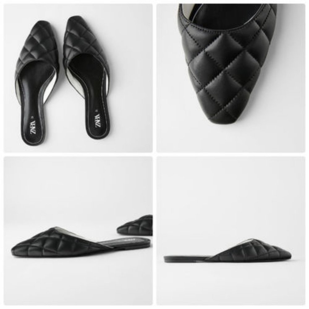 NWT Zara Black Faux Leather Quilted Mules - Picture 2 of 7